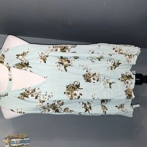 Free People Tree Swing Tunic Top Trapeze light blue Green Floral V Neck  Boho S